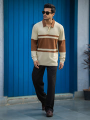 Block Panel Beige Full Sleeve Polo T-Shirt