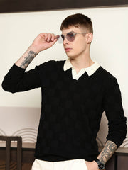 Cubic Knit Black Full Sleeve Polo T-Shirt