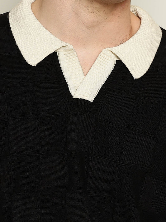 Cubic Knit Black Full Sleeve Polo T-Shirt