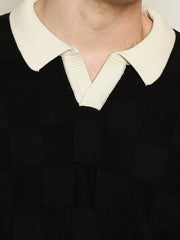 Cubic Knit Black Full Sleeve Polo T-Shirt