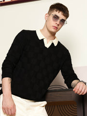 Cubic Knit Black Full Sleeve Polo T-Shirt