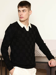 Cubic Knit Black Full Sleeve Polo T-Shirt
