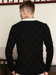 Cubic Knit Black Full Sleeve Polo T-Shirt