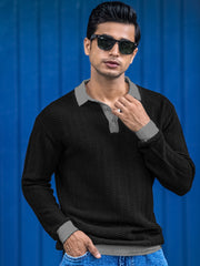 FlatKnit Wave Black Full Sleeve Polo T-Shirt