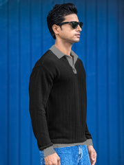 FlatKnit Wave Black Full Sleeve Polo T-Shirt