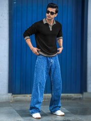 FlatKnit Wave Black Full Sleeve Polo T-Shirt