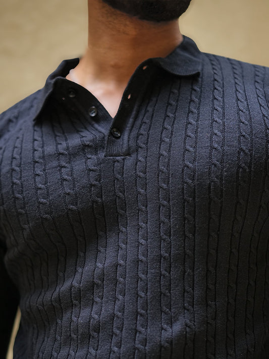 Ripped Knit Black Full Sleeve Polo T-Shirt