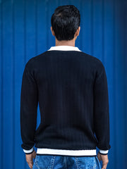 Wave Flat Knit Black Full Sleeve Polo T-Shirt