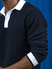 Wave Flat Knit Black Full Sleeve Polo T-Shirt