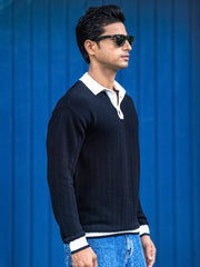 Wave Flat Knit Black Full Sleeve Polo T-Shirt