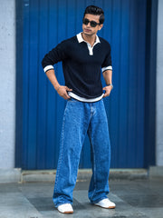 Wave Flat Knit Black Full Sleeve Polo T-Shirt