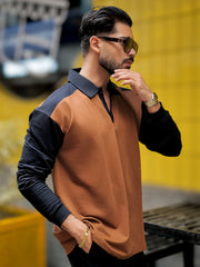 Colorblock Brown Full Sleeve Polo T-Shirt