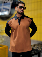 Colorblock Brown Full Sleeve Polo T-Shirt