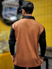 Colorblock Brown Full Sleeve Polo T-Shirt