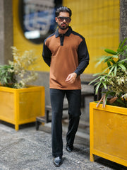 Colorblock Brown Full Sleeve Polo T-Shirt