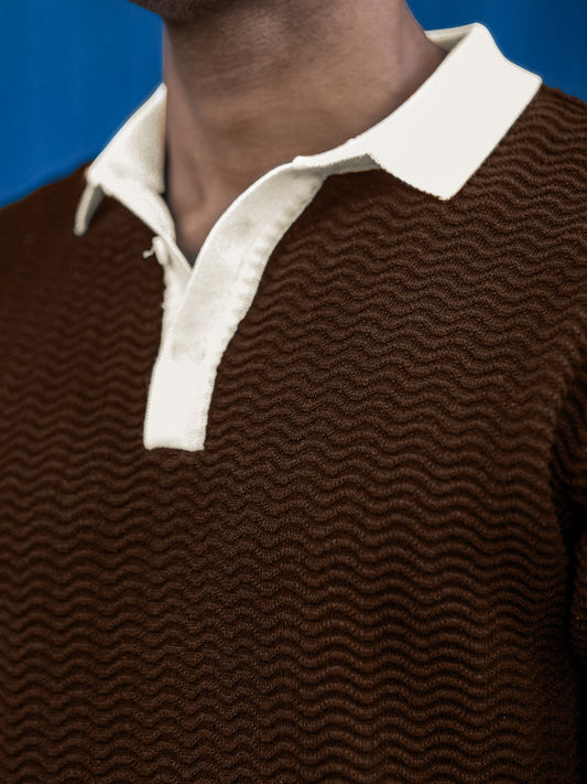 FlatKnit Wave Brown Full Sleeve Polo T-Shirt