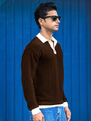 FlatKnit Wave Brown Full Sleeve Polo T-Shirt