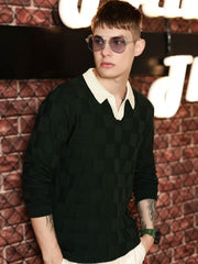 Cubic Knit Dark Green Full Sleeve Polo T-Shirt