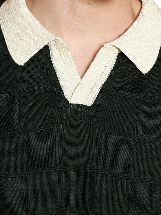 Cubic Knit Dark Green Full Sleeve Polo T-Shirt
