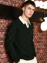Cubic Knit Dark Green Full Sleeve Polo T-Shirt