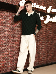 Cubic Knit Dark Green Full Sleeve Polo T-Shirt