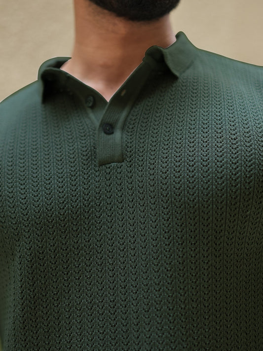 Classic Rib Dark Green Full Sleeve Polo T-Shirt