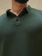 Classic Rib Dark Green Full Sleeve Polo T-Shirt