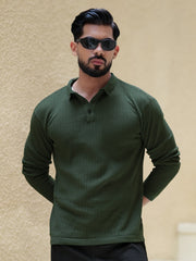 Classic Rib Dark Green Full Sleeve Polo T-Shirt