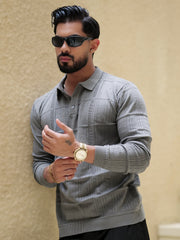 Pointel Grey Full Sleeve Polo T-Shirt