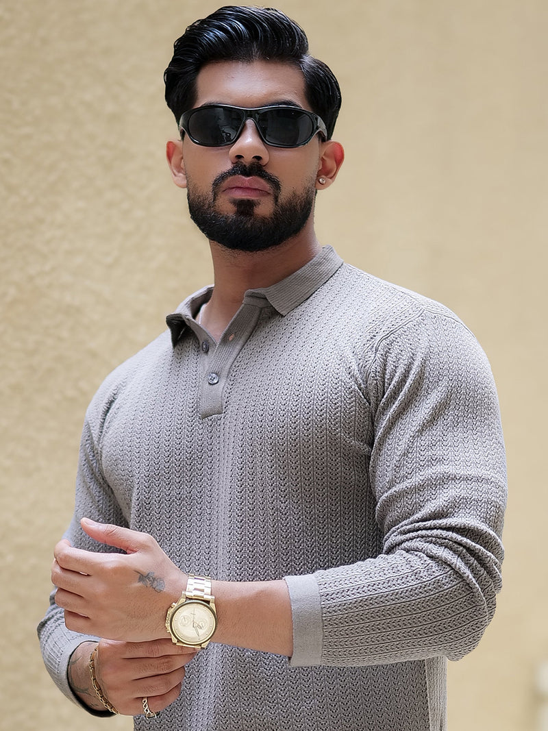 Grey classic rib full sleeve polo t-shirt for men
