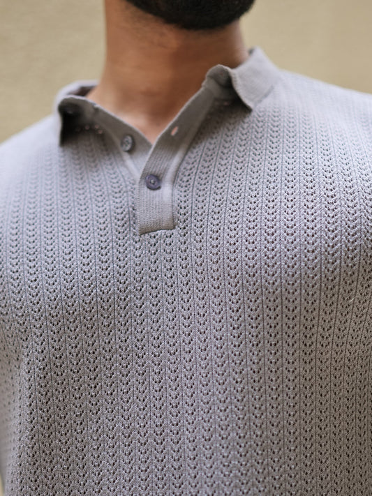 Classic Rib Grey Full Sleeve Polo T-Shirt