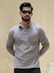 Classic Rib Grey Full Sleeve Polo T-Shirt