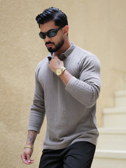 Classic Rib Grey Full Sleeve Polo T-Shirt