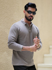 Classic Rib Grey Full Sleeve Polo T-Shirt