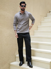 Classic Rib Grey Full Sleeve Polo T-Shirt