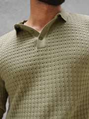 Checkered Knit Light Green Full Sleeve Polo T-Shirt