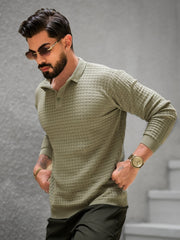 Checkered Knit Light Green Full Sleeve Polo T-Shirt