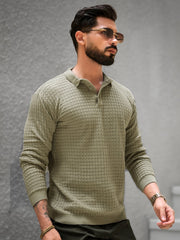 Checkered Knit Light Green Full Sleeve Polo T-Shirt