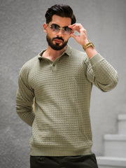 Checkered Knit Light Green Full Sleeve Polo T-Shirt