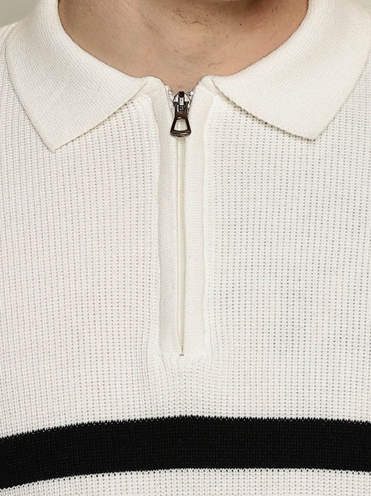GenZ Stripe FlatKnit Cream Full Sleeve Polo T-Shirt