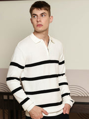 GenZ Stripe FlatKnit Cream Full Sleeve Polo T-Shirt