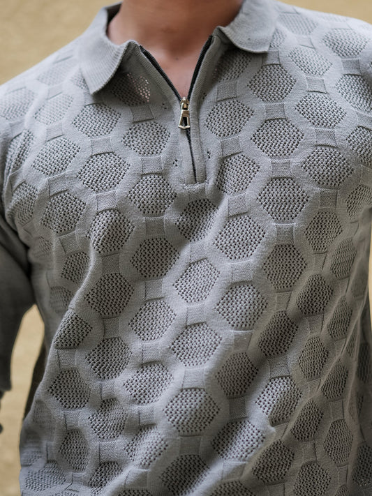 Diamond Knit Grey Full Sleeve Polo T-Shirt