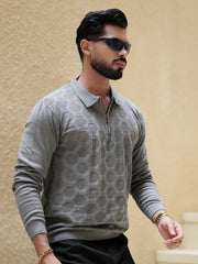 Diamond Knit Grey Full Sleeve Polo T-Shirt