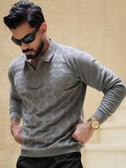 Diamond Knit Grey Full Sleeve Polo T-Shirt