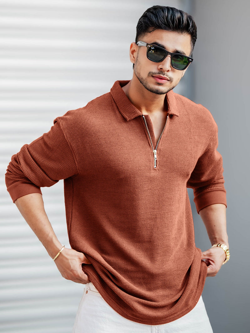 Rust full sleeve umbrella polo t-shirt for men
