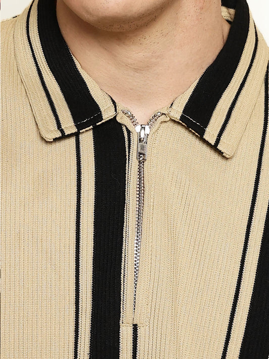 Cord Stripe Beige Full Sleeve Polo T-Shirt