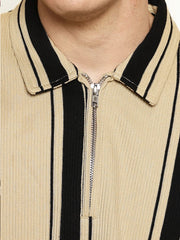 Cord Stripe Beige Full Sleeve Polo T-Shirt