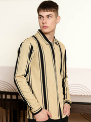 Cord Stripe Beige Full Sleeve Polo T-Shirt
