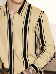 Cord Stripe Beige Full Sleeve Polo T-Shirt