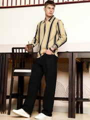 Cord Stripe Beige Full Sleeve Polo T-Shirt